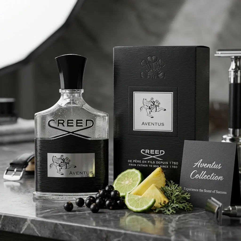 Creed Aventus Eau de Parfum bottle and luxury black box on a marble surface, surrounded by fresh ingredients including pineapple slices, lemons, limes, bergamot, and blackcurrants.   