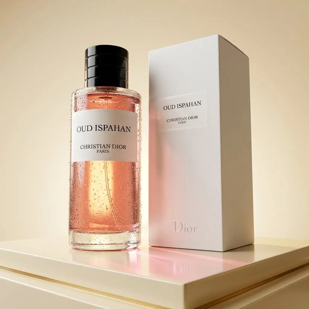 A bottle of Christian Dior Oud Ispahan perfume filled with rose-tinted liquid alongside its white product box on a plain background.
