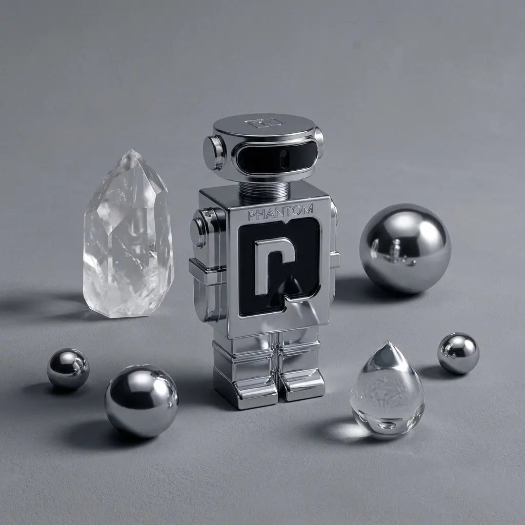 A futuristic silver, robot-shaped Paco Rabanne Phantom perfume bottle set against a smooth gray background, surrounded by reflective chrome spheres, a clear quartz crystal, and a glass teardrop object.